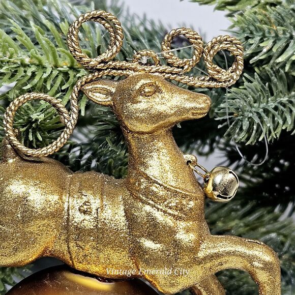 Vintage Golden Ready Reindeer On Glass Ball Christmas Tree Ornament W Bell 3d - Picture 6 of 14